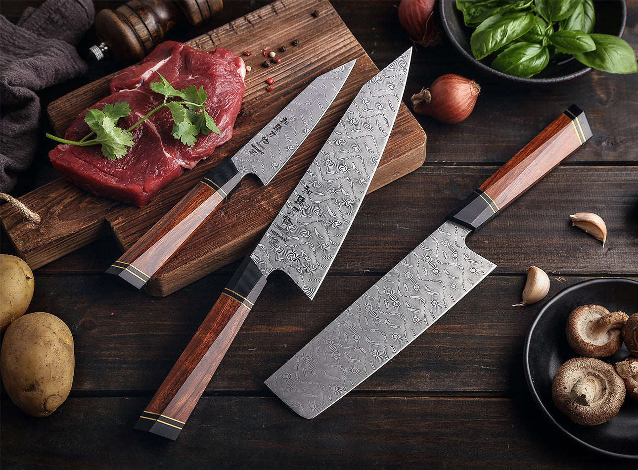 HEZHEN Retro Series 3PC Knife Set 110 Layer Damascus Steel Chef Knives  Nakiri Utility Cook Tools Slicing Kiritsuke Wooden Box