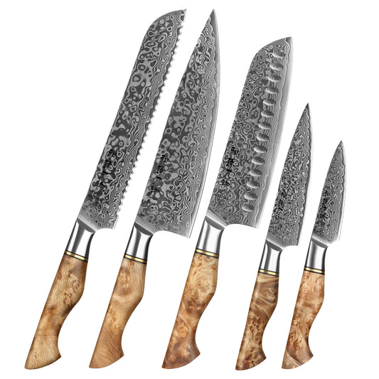 HEZHEN 5PC Kitchen Knife Set Professional Damascus Steel Chef Bread Paring Santoku Sharp Nakiri Cook Kitchen Knife
