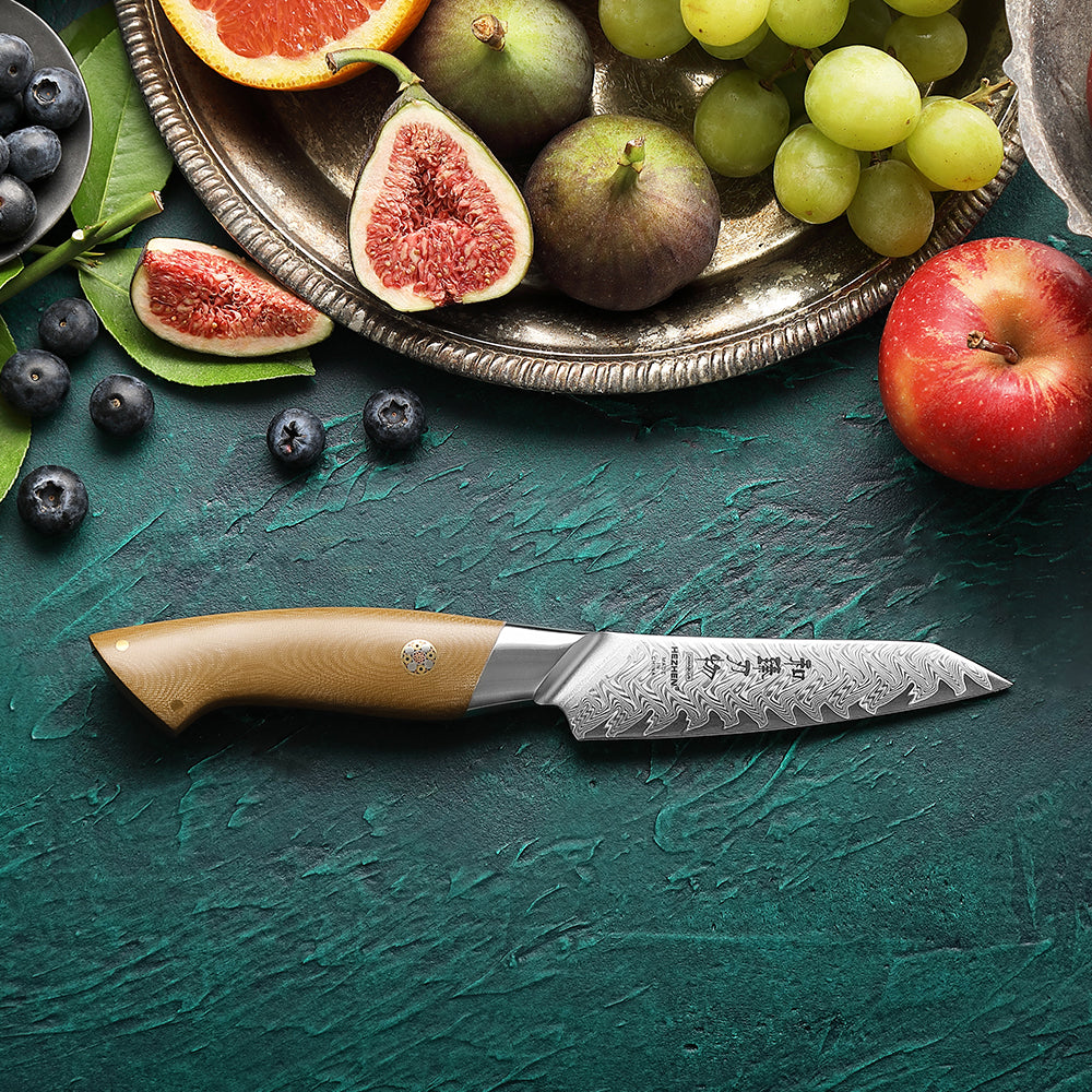 HEZHEN 4.3 Inches Paring Knife, 67 Layers Damascus Steel with Linen Micarta Handle, Gift Box Package- B38L Series