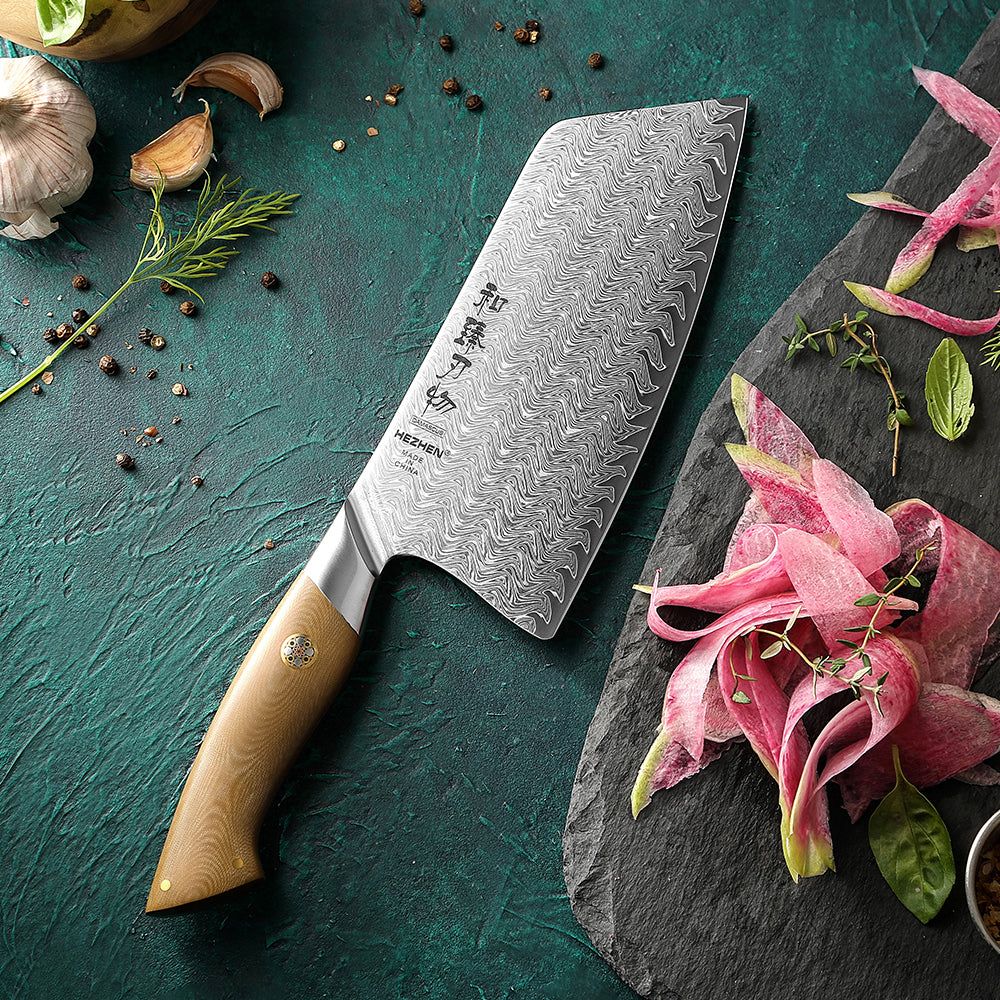 HEZHEN 7.2 Inches Chinese Meat Cleaver Knife, 67 Layers Damascus Steel with Linen Micarta Handle, Gift Box Package- B38L Series
