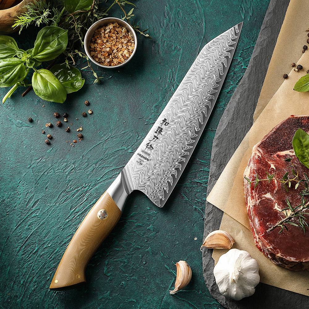 HEZHEN 8.5 Inches Chef Knife, 67 Layers Damascus Steel with Linen Micarta Handle, Gift Box Package- B38L Series