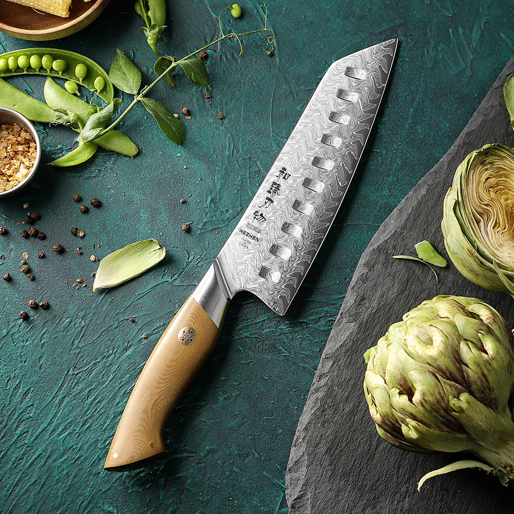 HEZHEN 7.4 Inches Santoku Knife, 67 Layers Damascus Steel with Linen Micarta Handle, Gift Box Package- B38L Series