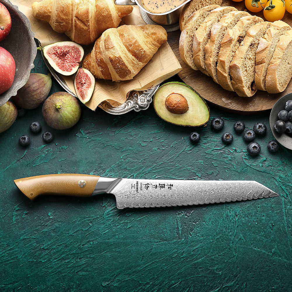 HEZHEN 8.4 Inches Bread Knife, 67 Layers Damascus Steel with Linen Micarta Handle, Gift Box Package- B38L Series