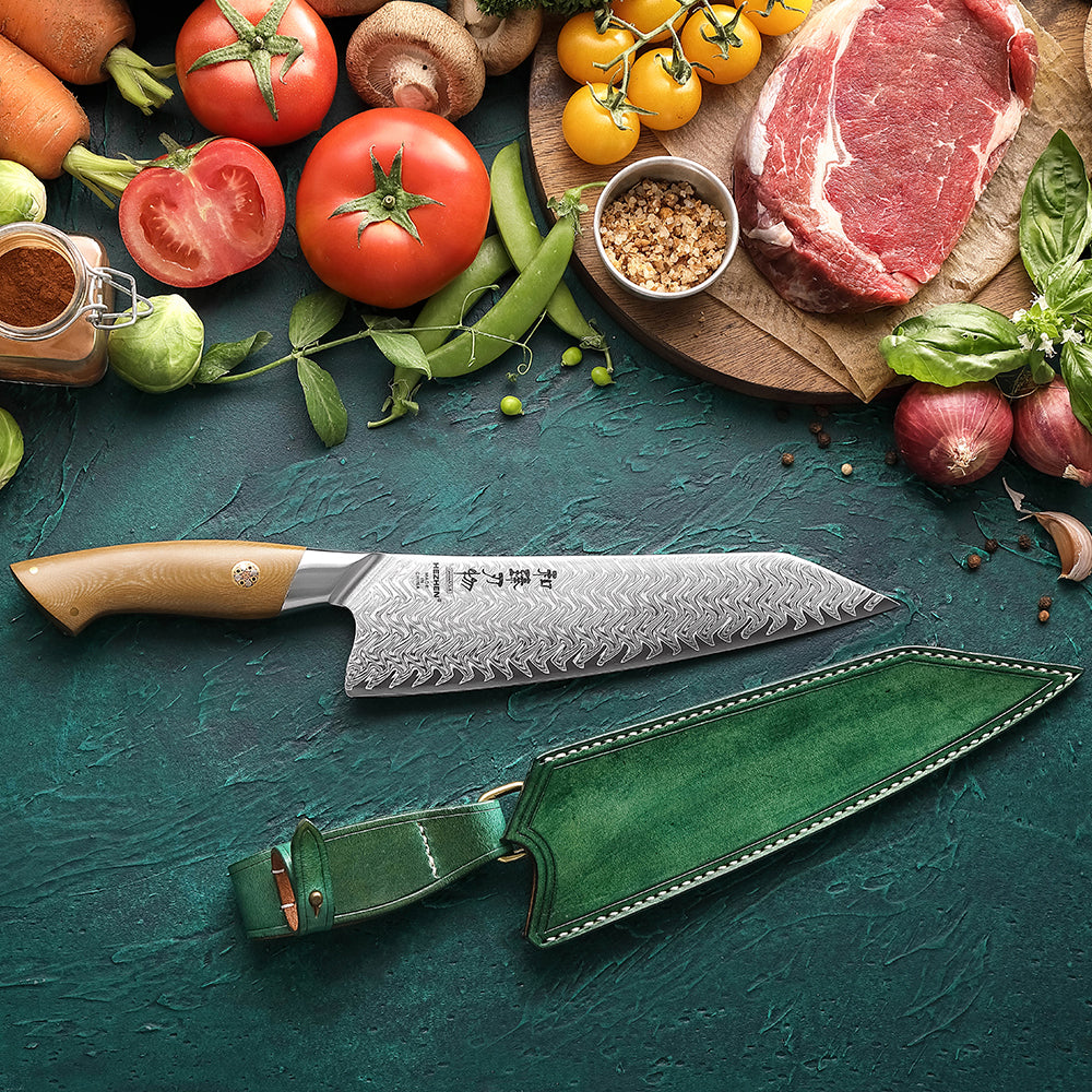 HEZHEN 8.5 Inches Chef Knife, 67 Layers Damascus Steel with Linen Micarta Handle, Gift Box Package- B38L Series