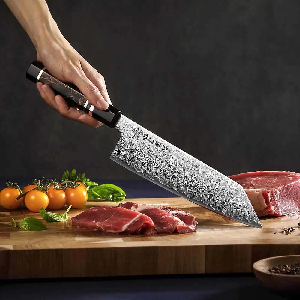 HEZHEN 8.3 Inches Kiritsuke Chef Knife, 49 Layers Damascus Steel with Japanese ZDP-189 Steel, 65-67 HRC, Octagonal Handle