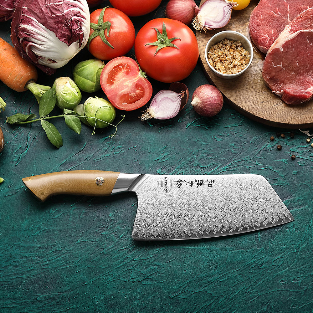 HEZHEN 7.2 Inches Chinese Meat Cleaver Knife, 67 Layers Damascus Steel with Linen Micarta Handle, Gift Box Package- B38L Series
