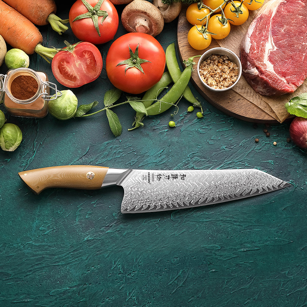 HEZHEN 8.5 Inches Chef Knife, 67 Layers Damascus Steel with Linen Micarta Handle, Gift Box Package- B38L Series