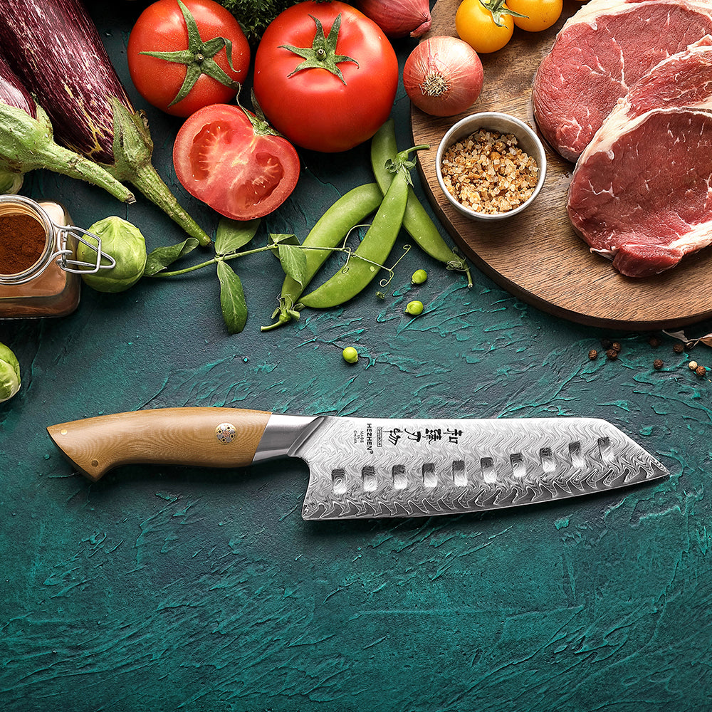 HEZHEN 7.4 Inches Santoku Knife, 67 Layers Damascus Steel with Linen Micarta Handle, Gift Box Package- B38L Series