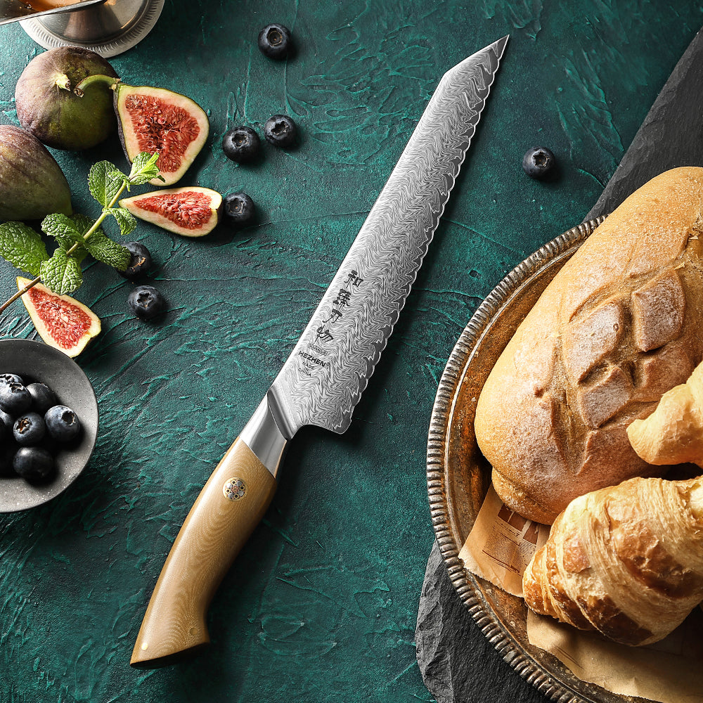 HEZHEN 8.4 Inches Bread Knife, 67 Layers Damascus Steel with Linen Micarta Handle, Gift Box Package- B38L Series