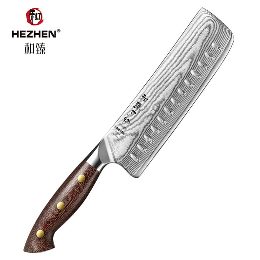 HEZHEN 7.4 Inches Damascus Nakiri Knife, Small Cleaver Knife for Meat and Vegetable Cutting, Micarta Handle