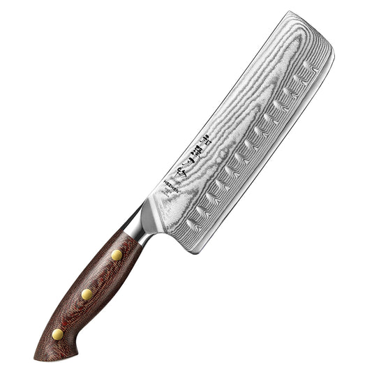 HEZHEN 7.4 Inches Damascus Nakiri Knife, Small Cleaver Knife for Meat and Vegetable Cutting, Micarta Handle