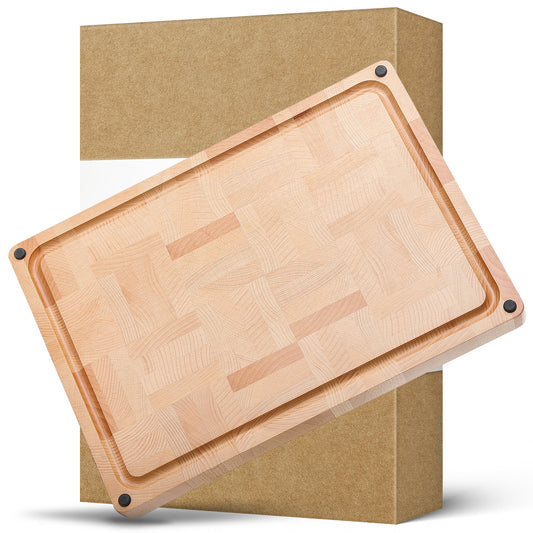 HEZHEN Premium End-Grain Beech Wood Chopping Board – Double-Sided with Juice Groove, Non-Slip Feet & Handles – Multipurpose Kitchen & Serving Tray