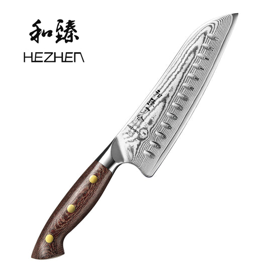 HEZHEN 7 Inches Damascus Santoku Knife,, Micarta Handle