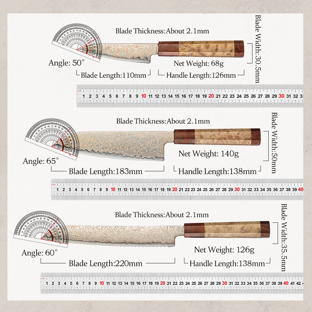 HEZHEN 5 Piece Copper Damascus Steel Chef Knife Set, 37 Tricolor Copper Damascus Steel Kitchen Knife Set with Figured Sycamore Wood + Padauk Burl Wood