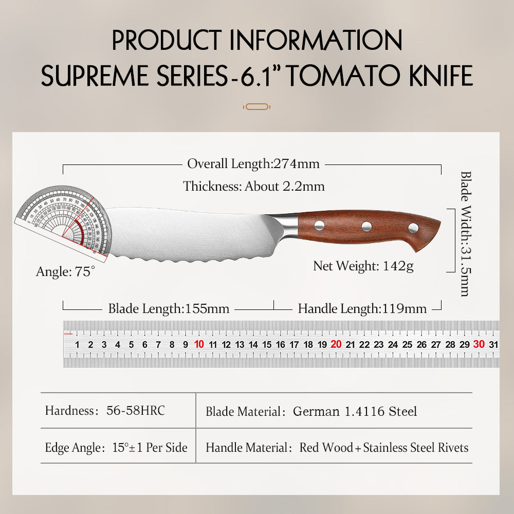 HEZHEN 6 Inches Tomato Knife, German Steel, Red Wood Handle-Supreme Stainless Series