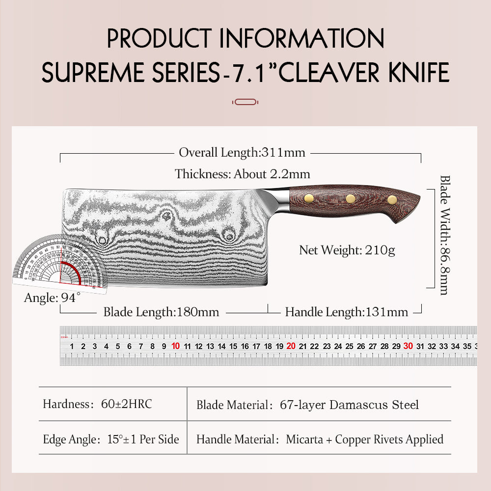 HEZHEN 7 Inches Damascus Meat Cleaver, Chinese Chef Knife for Meat and Vegetable Cutting, Micarta Handle