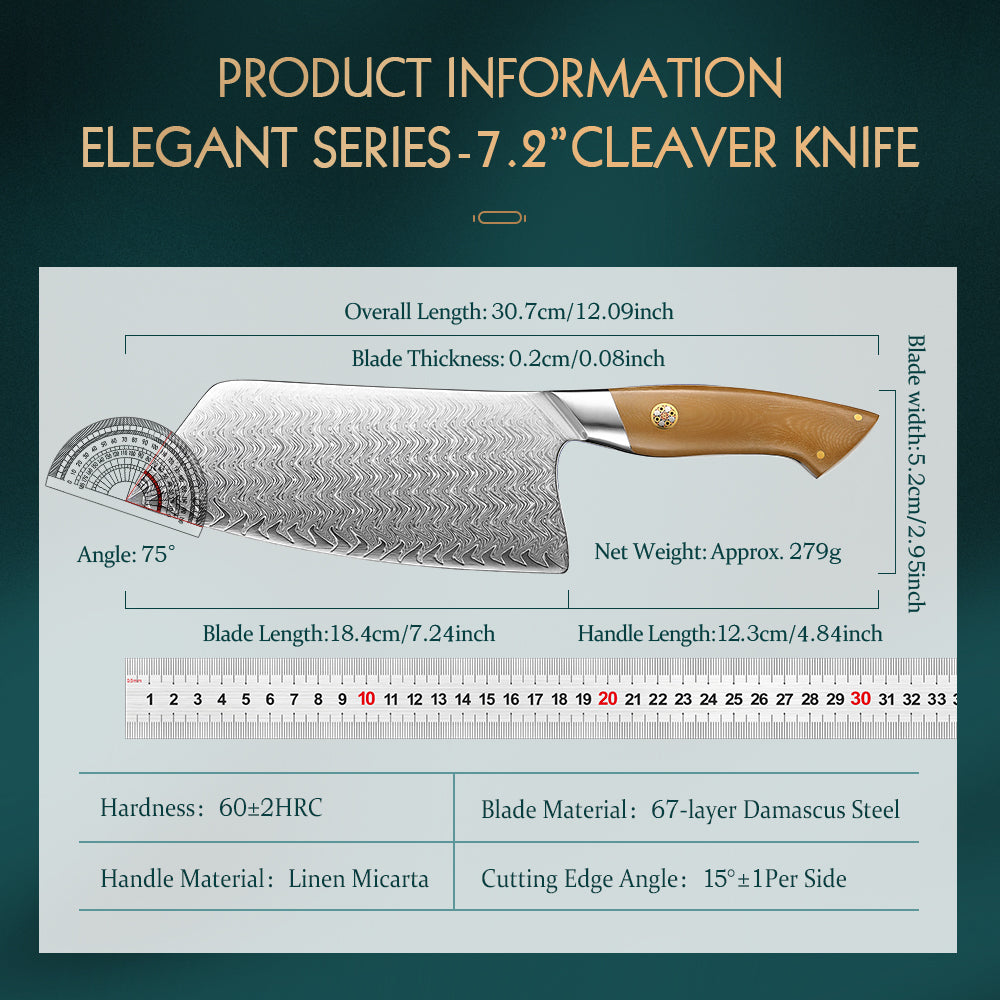 HEZHEN 7.2 Inches Chinese Meat Cleaver Knife, 67 Layers Damascus Steel with Linen Micarta Handle, Gift Box Package- B38L Series