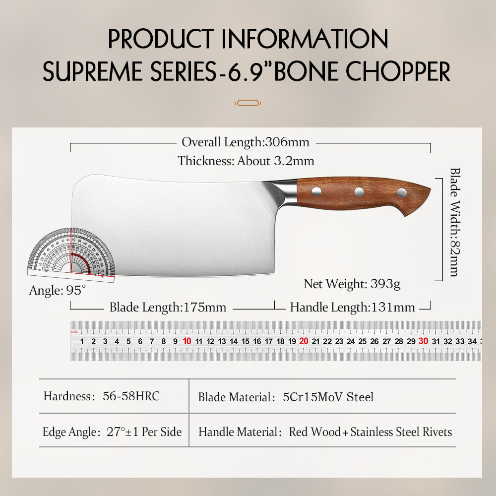 HEZHEN 7 Inches Bone Cleaver Knife, Chinese Chopping Knife, Heavy-Duty, Red Wood Handle-Supreme Stainless Series