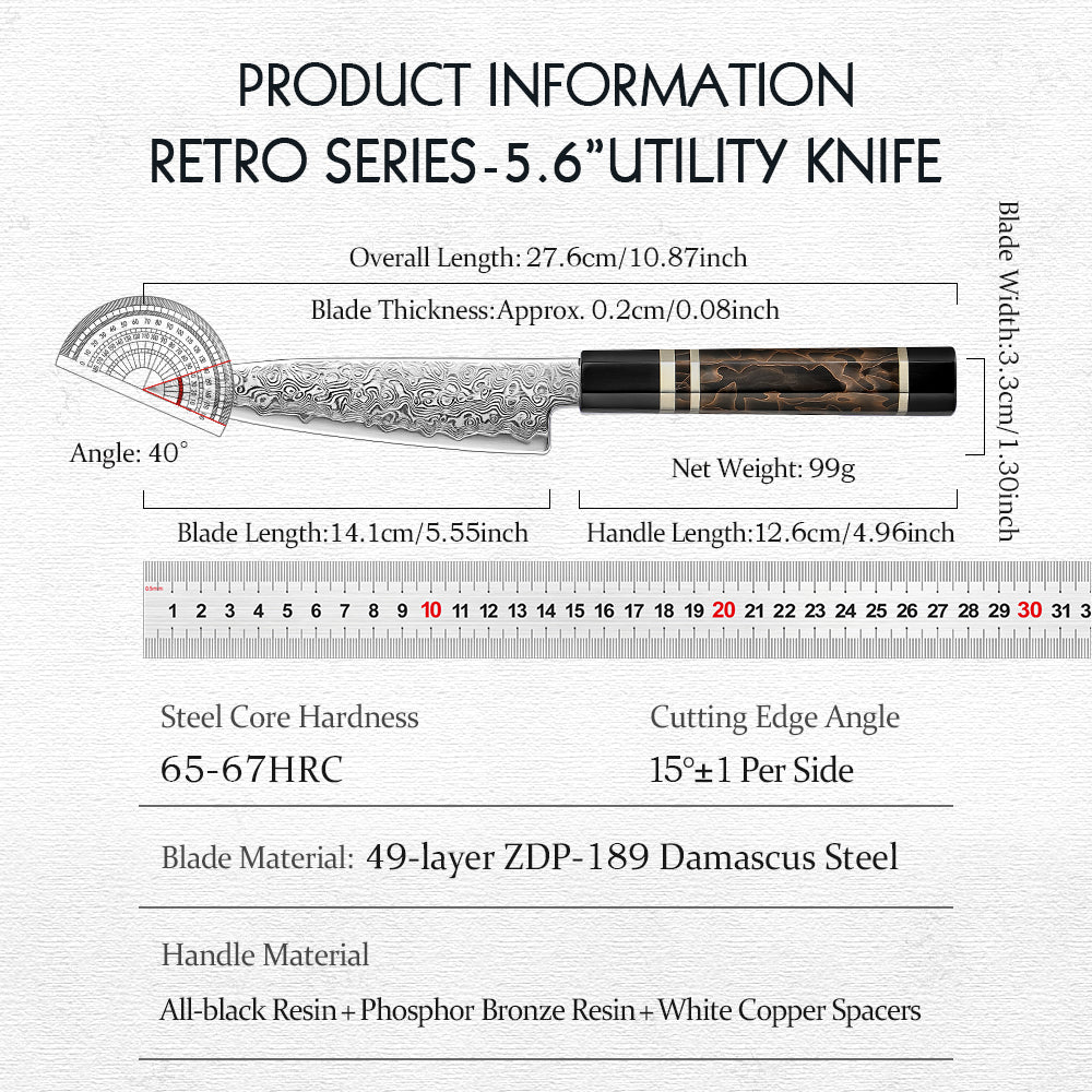 HEZHEN 5.6 Inches Kitchen Utility Knife, 49 Layers Damascus Steel with Japanese ZDP-189 Steel, 65-67 HRC, Japanese Octagonal Handle