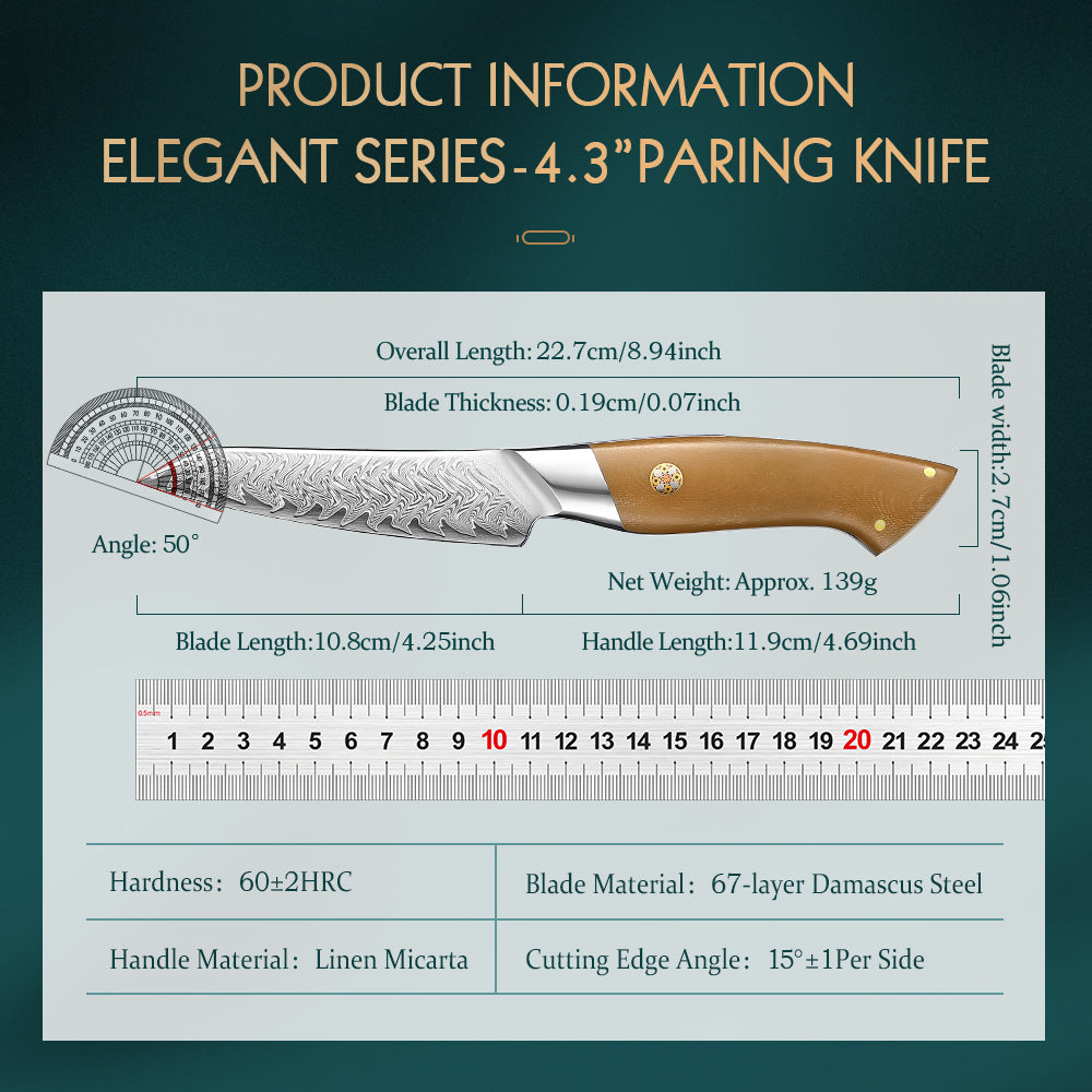 HEZHEN 4.3 Inches Paring Knife, 67 Layers Damascus Steel with Linen Micarta Handle, Gift Box Package- B38L Series