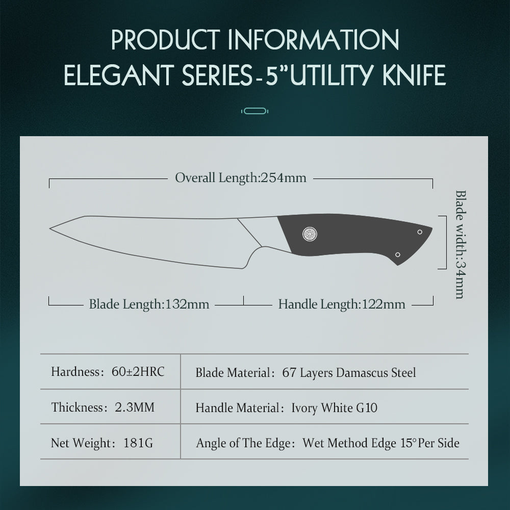 HEZHEN 5 inches 67 Layers Damascus Steel Utility Knife Elegant Hammer Series