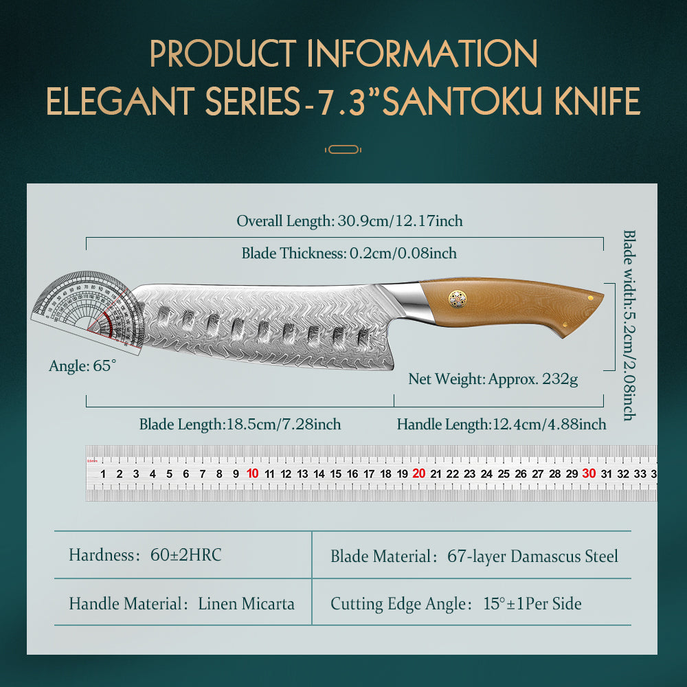 HEZHEN 7.4 Inches Santoku Knife, 67 Layers Damascus Steel with Linen Micarta Handle, Gift Box Package- B38L Series