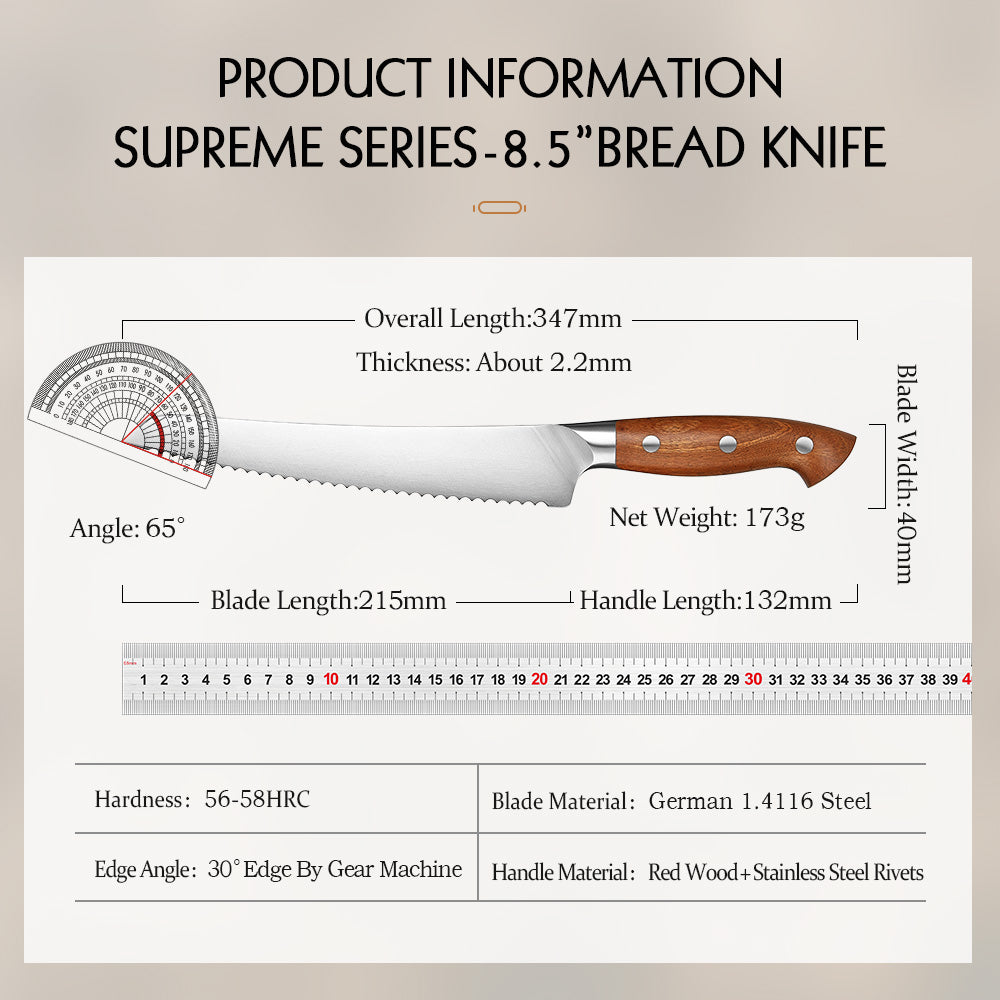 HEZHEN 8.5 Inches Bread Knife, German Steel, Red Wood Handle-Supreme Stainless Series