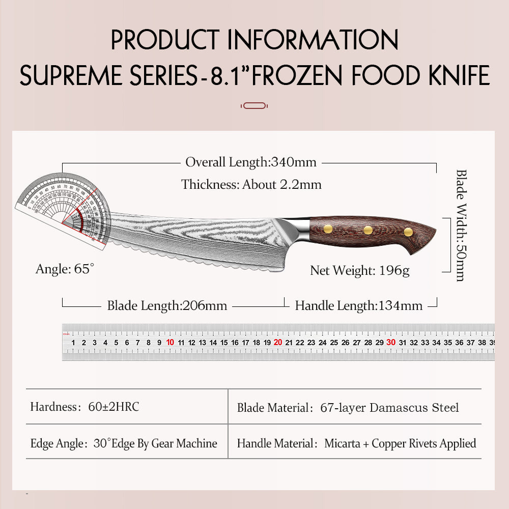 HEZHEN 8 Inches Damascus Frozen Meat Knife, Professional Frozen Meat Cleaver,Micarta Handle