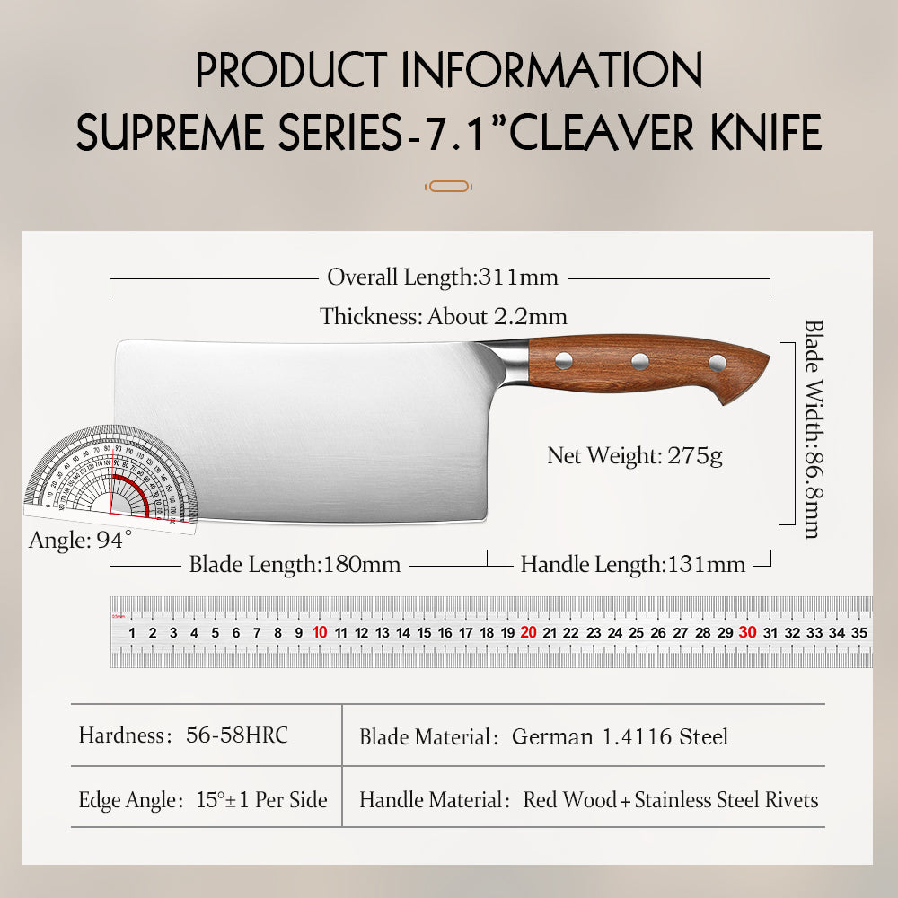 HEZHEN 7 Inches Meat Cleaver Knife, Chinese Chef Knife, German Steel, Red Wood Handle-Supreme Stainless Series