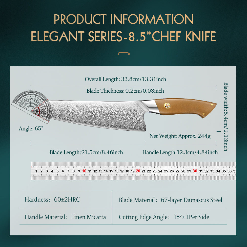 HEZHEN 8.5 Inches Chef Knife, 67 Layers Damascus Steel with Linen Micarta Handle, Gift Box Package- B38L Series