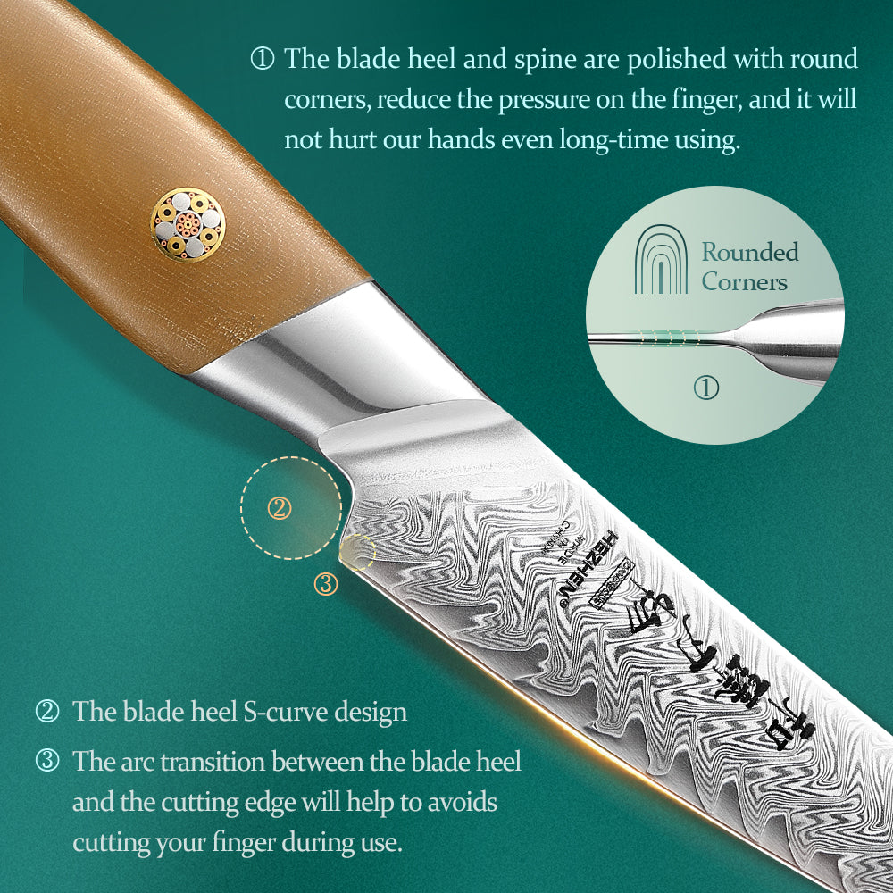 HEZHEN 4.3 Inches Paring Knife, 67 Layers Damascus Steel with Linen Micarta Handle, Gift Box Package- B38L Series