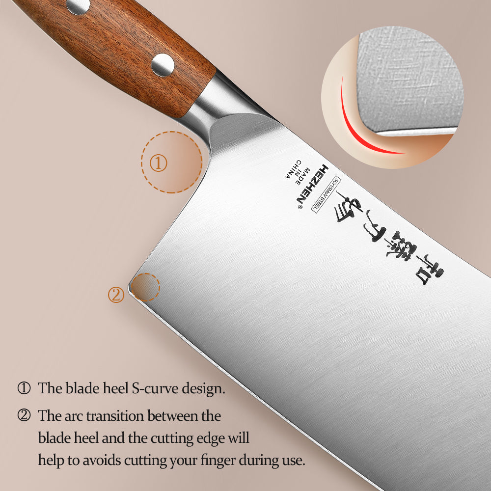 HEZHEN 7 Inches Bone Cleaver Knife, Chinese Chopping Knife, Heavy-Duty, Red Wood Handle-Supreme Stainless Series