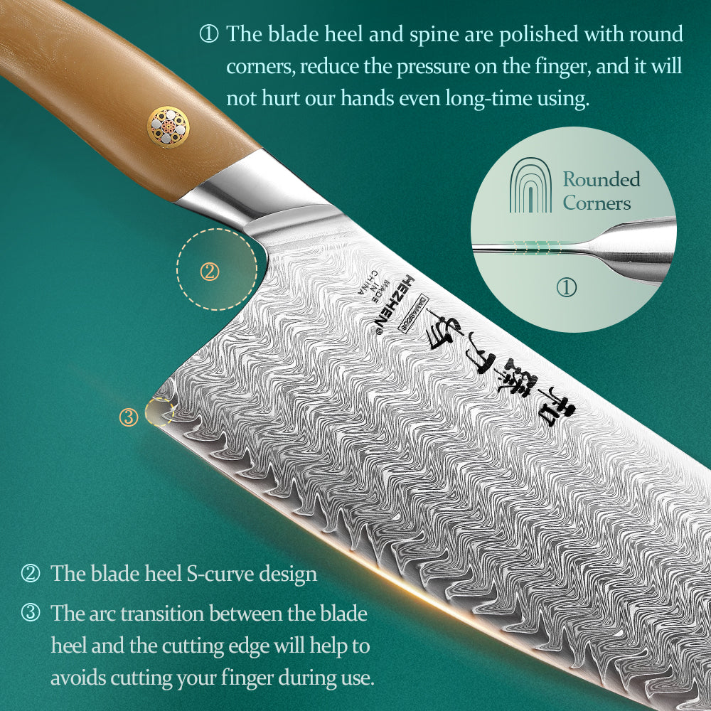 HEZHEN 7.2 Inches Chinese Meat Cleaver Knife, 67 Layers Damascus Steel with Linen Micarta Handle, Gift Box Package- B38L Series