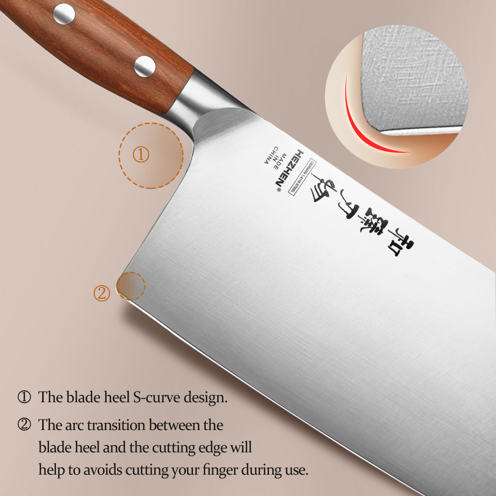 HEZHEN 7 Inches Meat Cleaver Knife, Chinese Chef Knife, German Steel, Red Wood Handle-Supreme Stainless Series