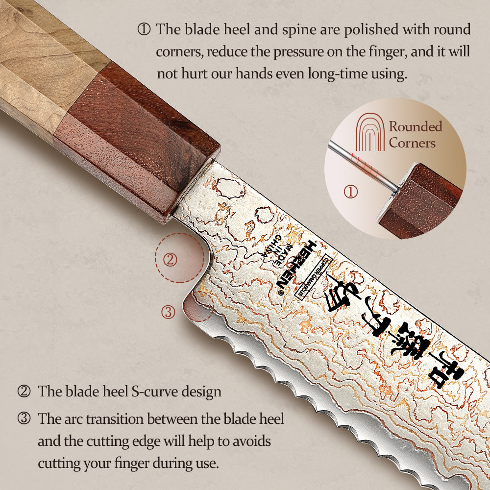 HEZHEN 5 Piece Copper Damascus Steel Chef Knife Set, 37 Tricolor Copper Damascus Steel Kitchen Knife Set with Figured Sycamore Wood + Padauk Burl Wood