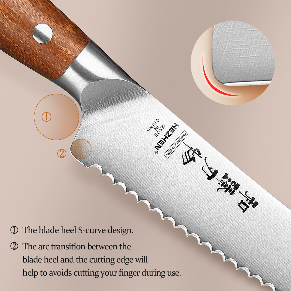 HEZHEN 8.5 Inches Bread Knife, German Steel, Red Wood Handle-Supreme Stainless Series