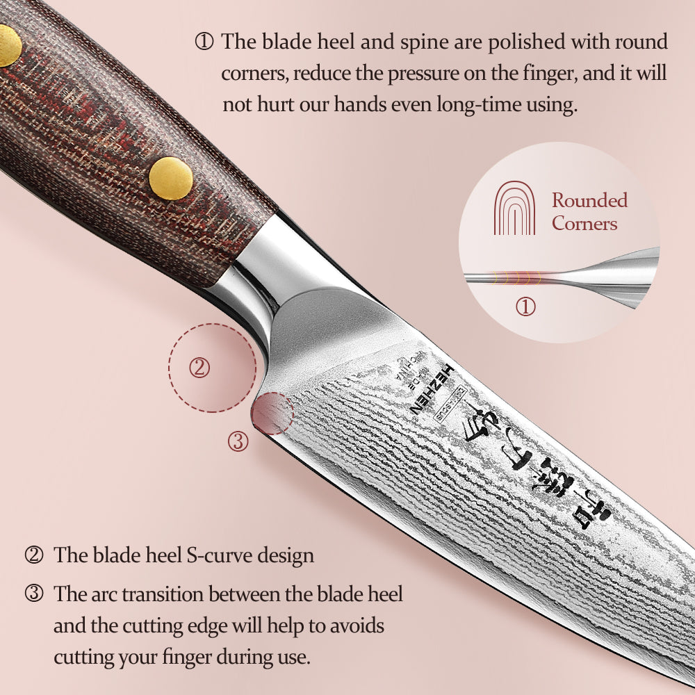 HEZHEN 4.3 Inches Damascus Paring Knife, Multifunctional Petty Knife, , Micarta Handle