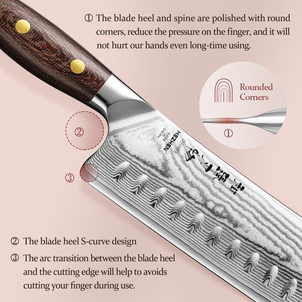 HEZHEN 7.4 Inches Damascus Nakiri Knife, Small Cleaver Knife for Meat and Vegetable Cutting, Micarta Handle