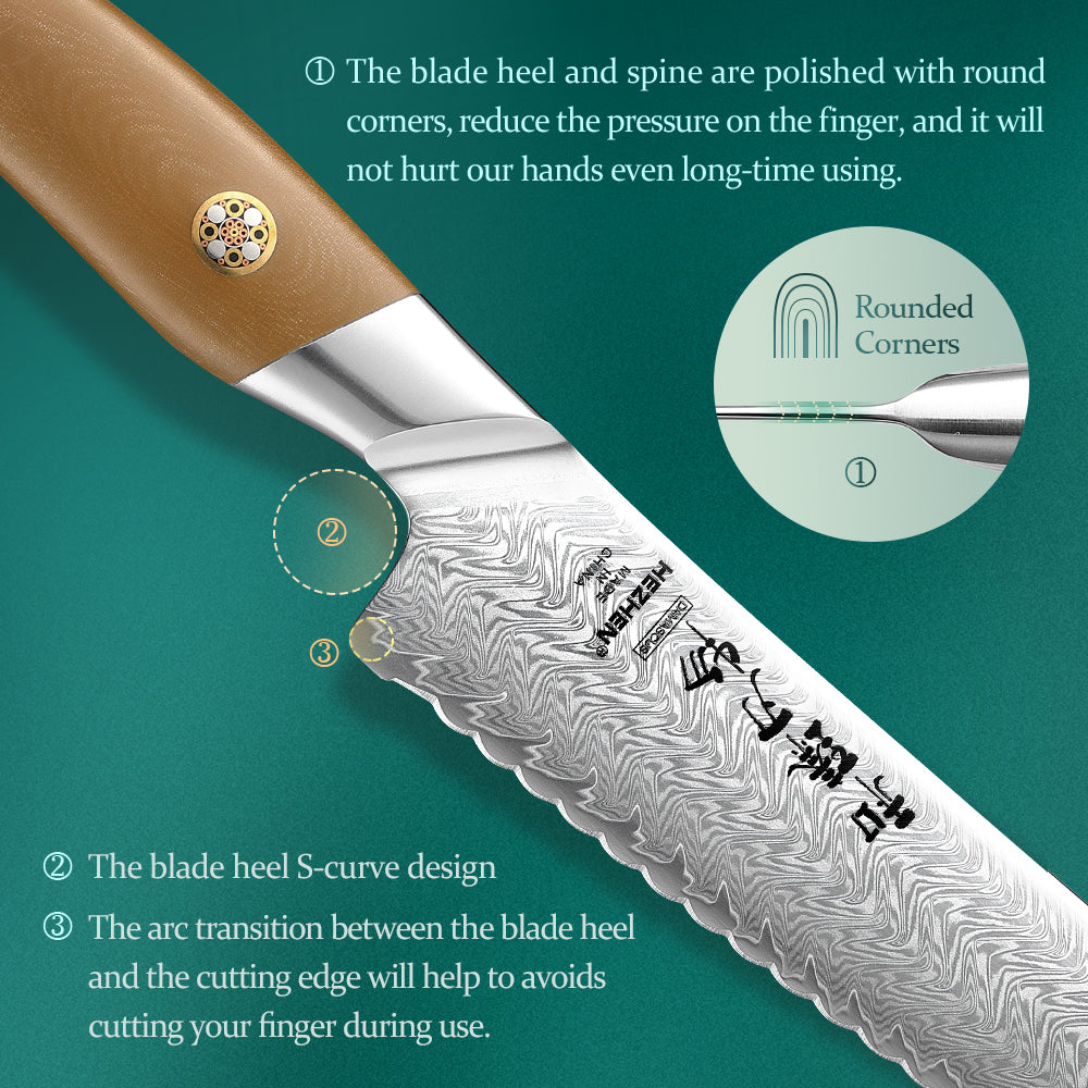 HEZHEN 8.4 Inches Bread Knife, 67 Layers Damascus Steel with Linen Micarta Handle, Gift Box Package- B38L Series