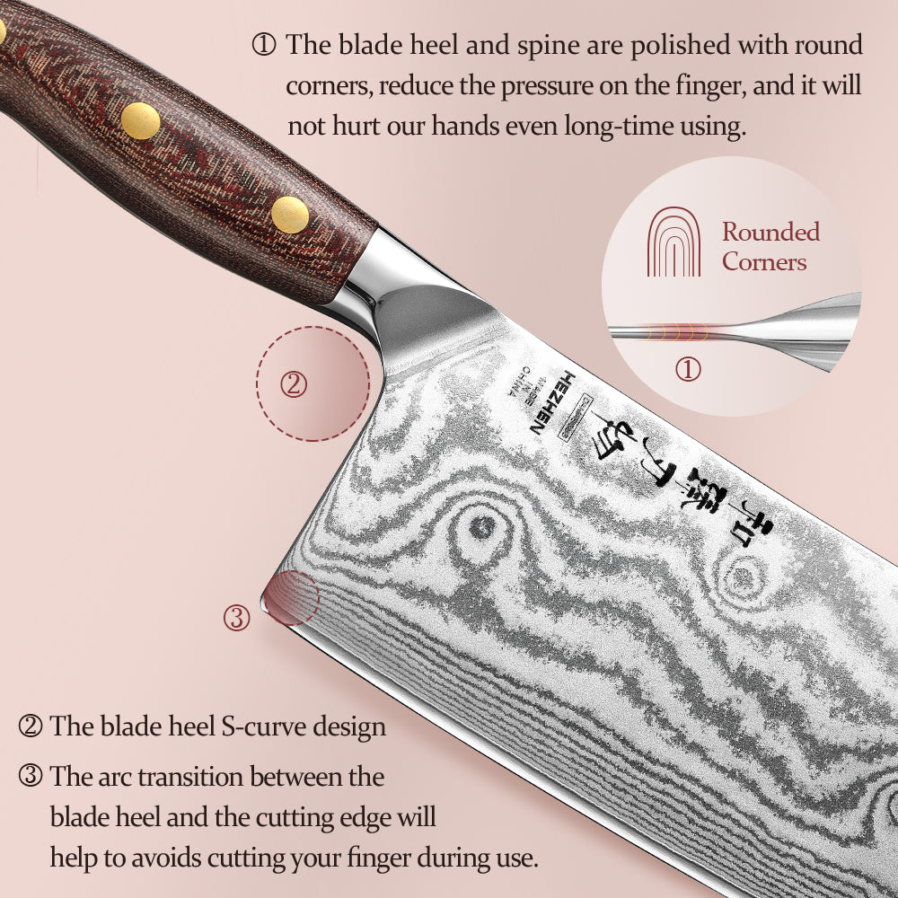 HEZHEN 7 Inches Damascus Meat Cleaver, Chinese Chef Knife for Meat and Vegetable Cutting, Micarta Handle