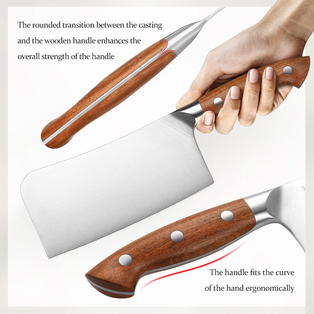 HEZHEN 7 Inches Bone Cleaver Knife, Chinese Chopping Knife, Heavy-Duty, Red Wood Handle-Supreme Stainless Series