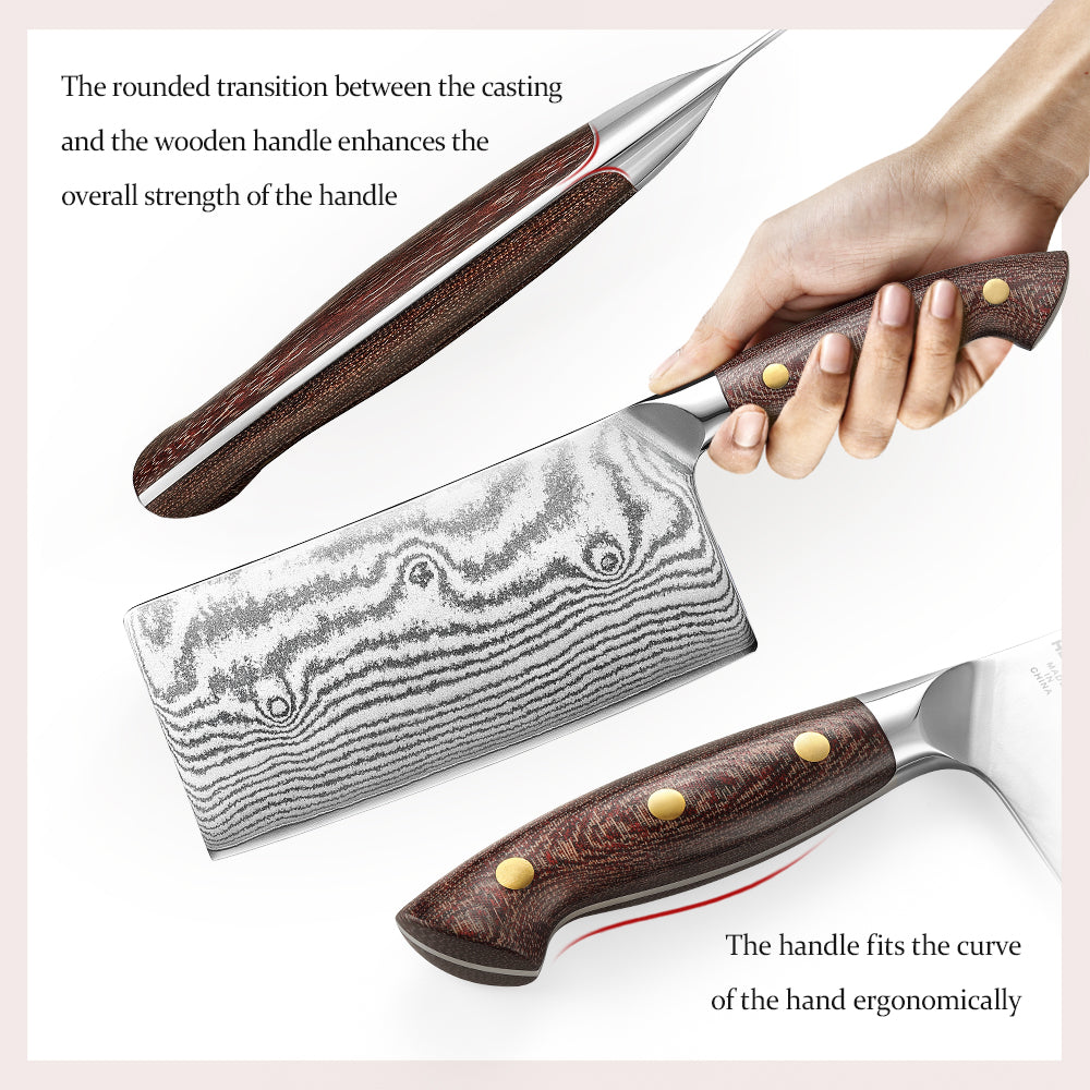HEZHEN 7 Inches Damascus Meat Cleaver, Chinese Chef Knife for Meat and Vegetable Cutting, Micarta Handle