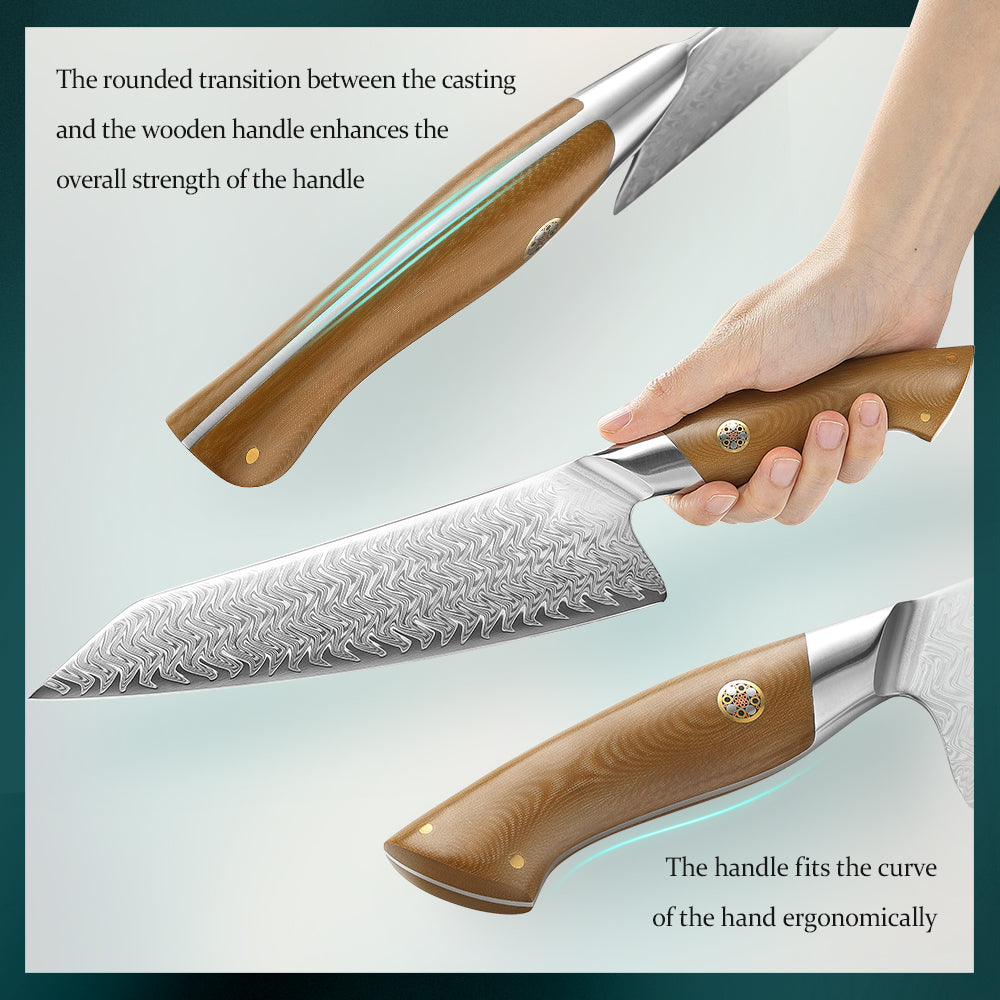 HEZHEN 8.5 Inches Chef Knife, 67 Layers Damascus Steel with Linen Micarta Handle, Gift Box Package- B38L Series