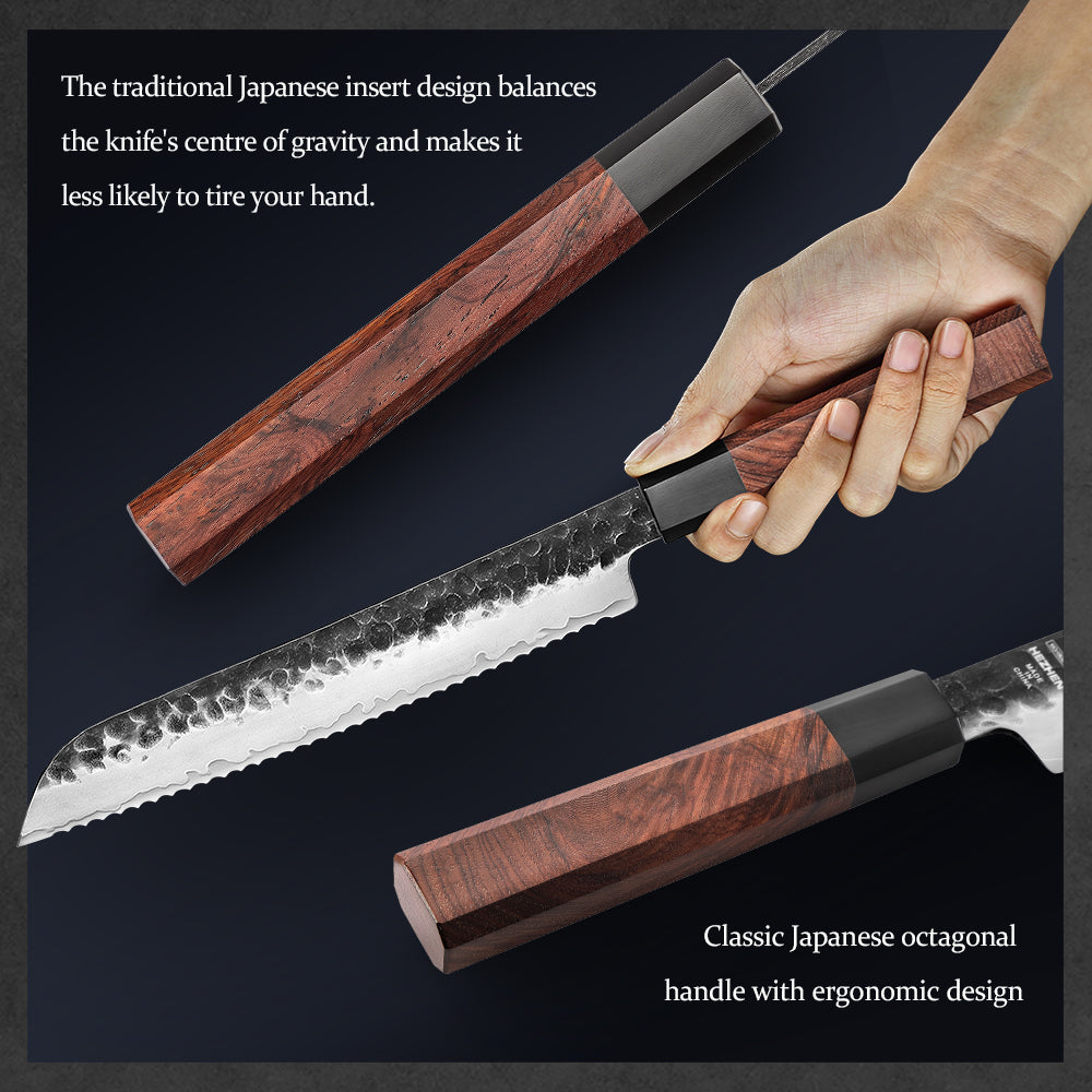 HEZHEN 8.5 Inches Bread Knife Stainless Steel Kitchen Cooking Knives Rosewood Handle With Gift Box Three-layer Composite Steel