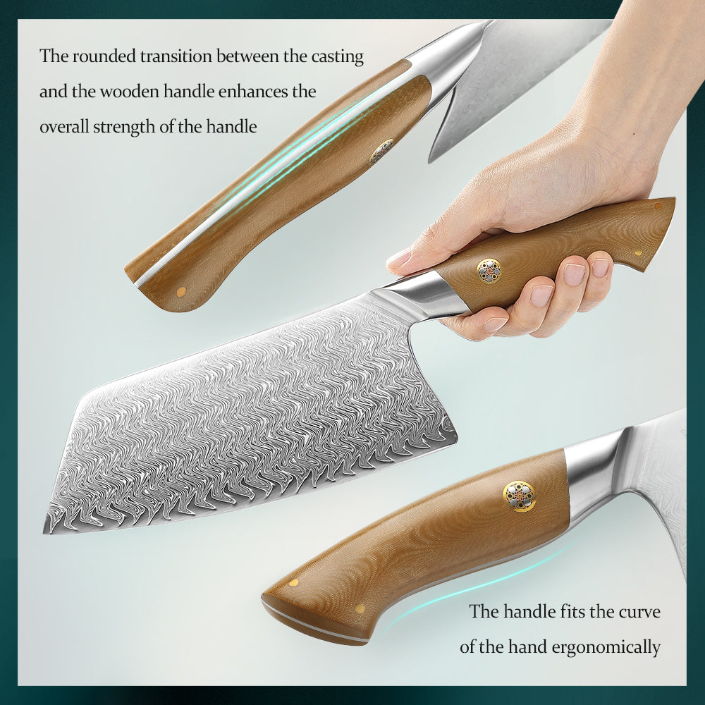 HEZHEN 7.2 Inches Chinese Meat Cleaver Knife, 67 Layers Damascus Steel with Linen Micarta Handle, Gift Box Package- B38L Series