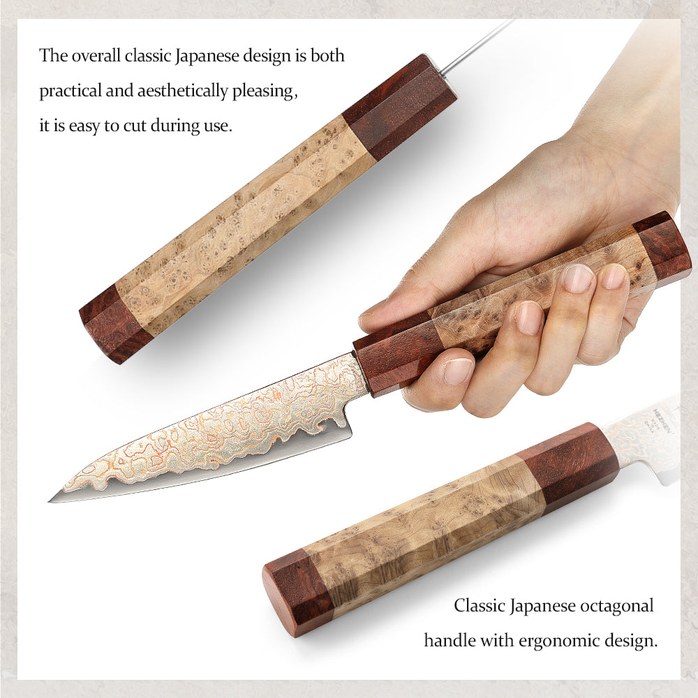 HEZHEN 5 Piece Copper Damascus Steel Chef Knife Set, 37 Tricolor Copper Damascus Steel Kitchen Knife Set with Figured Sycamore Wood + Padauk Burl Wood
