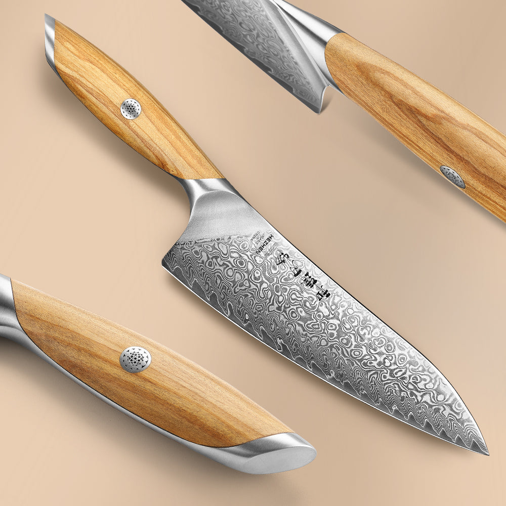 HEZHEN 2-piece Kitchen Knife Set(Chef Knife+Kitchen Utility Knife), 73 Layers Damascus Powder Steel, Olive Wood Handle, Gift Ready-Flagship Series