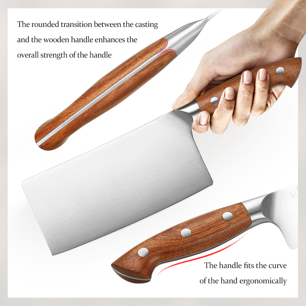 HEZHEN 7 Inches Meat Cleaver Knife, Chinese Chef Knife, German Steel, Red Wood Handle-Supreme Stainless Series