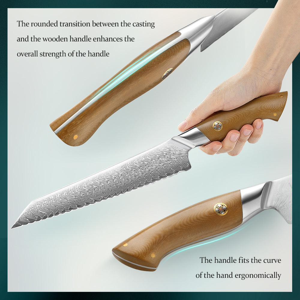 HEZHEN 8.4 Inches Bread Knife, 67 Layers Damascus Steel with Linen Micarta Handle, Gift Box Package- B38L Series