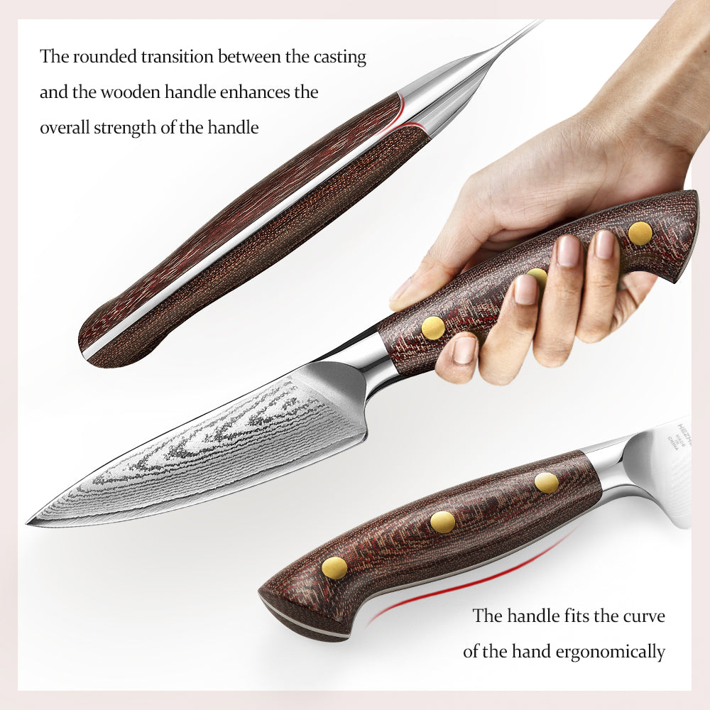 HEZHEN 4.3 Inches Damascus Paring Knife, Multifunctional Petty Knife, , Micarta Handle